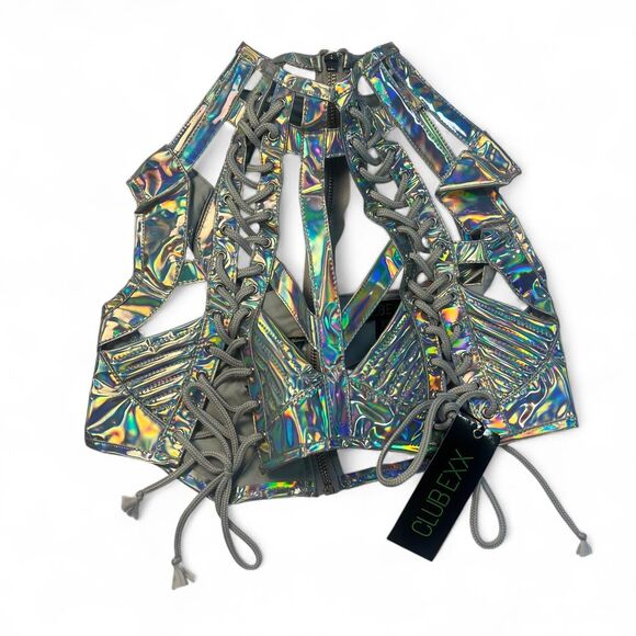 Dolls Kill Tops - NWT Club Exx Silver Holographic Lace-Up Corset Top Cut-Out Festival Rave XS
